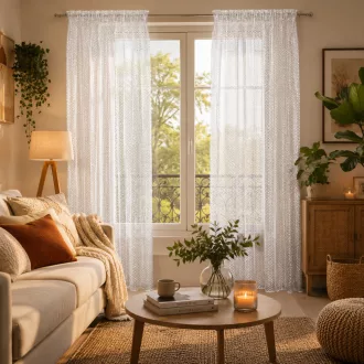   Finom szövésű, fehér jacquard voile készfüggöny dekoratív pöttyös mintával.Egyenletes ceruza ráncolóval, rúdkarnisra és sínes karnisra, csipesszel és kampóval rögzíthető. 140X270cm 