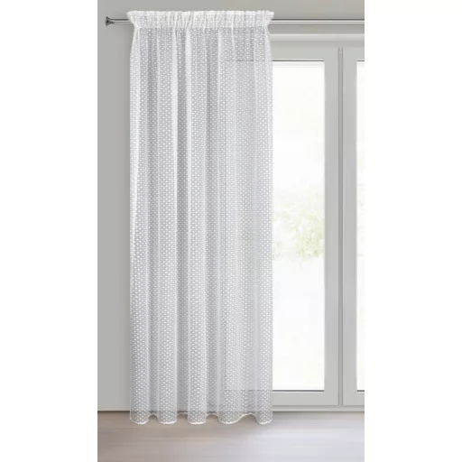 Finom szövésű, fehér jacquard voile készfüggöny dekoratív pöttyös mintával.Egyenletes ceruza ráncolóval, rúdkarnisra és sínes karnisra, csipesszel és kampóval rögzíthető. 140X270cm 