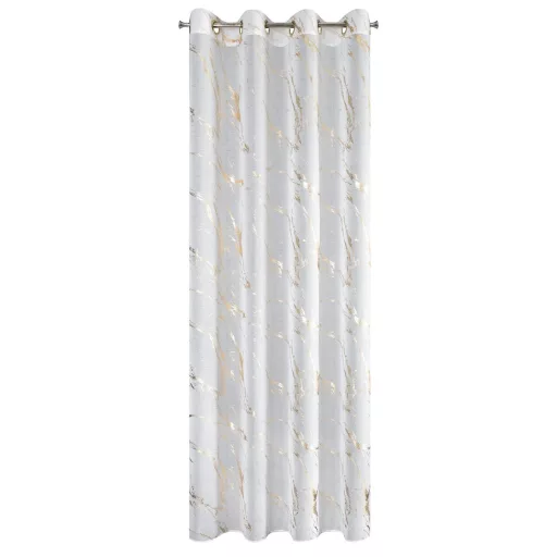 Fehér-arany márványmintás voile készfüggöny – exkluzív fényáteresztő függöny arany ringlikkel,  fémkarikákkall, rúdkarnishoz. 140X250cm 