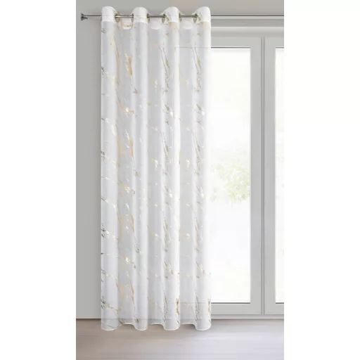 Fehér-arany márványmintás voile készfüggöny – exkluzív fényáteresztő függöny arany ringlikkel,  fémkarikákkall, rúdkarnishoz. 140X250cm 