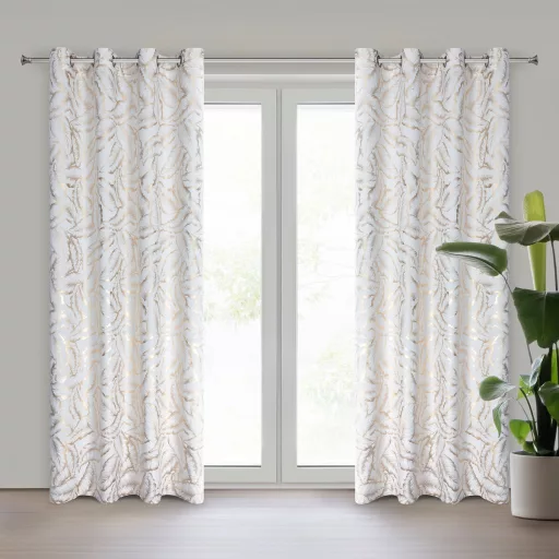 Elegáns levélmintás sötétítő függöny finom arany mintázattal és modern ringlis kialakítással 140X250cm 