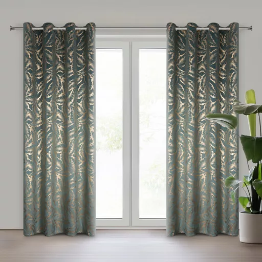 Elegáns levélmintás sötétítő függöny finom arany mintázattal és modern ringlis kialakítással 140X250cm 