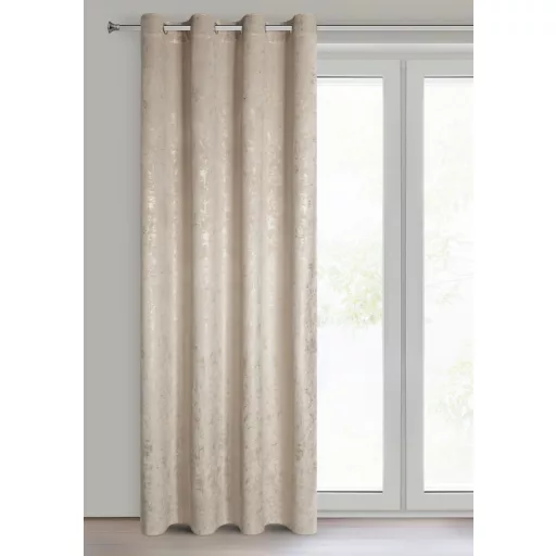 Beige árnyalatú bársony készfüggöny ,aranyló- festett hatású mintázattal ––fém ringlivel rúdkarnishoz 140X250cm 