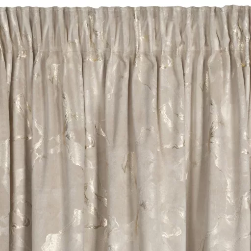 Beige színű bársony dekorfüggöny aranyló márványmintával – Elegáns készfüggöny –egyenletes ceruza ráncolóval, rúdkarnisra és sínes karnisra, csipesszel és kampóval rögzíthető 140X270cm 
