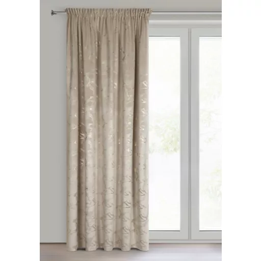 Beige színű bársony dekorfüggöny aranyló márványmintával – Elegáns készfüggöny –egyenletes ceruza ráncolóval, rúdkarnisra és sínes karnisra, csipesszel és kampóval rögzíthető 140X270cm 
