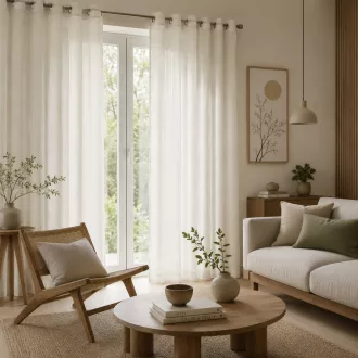  Lágy esésű, természetes hatású voile készfüggöny finoman szőtt textúrával és modern fémkarikás kialakítással , rúdkarnishoz. 140X250cm 