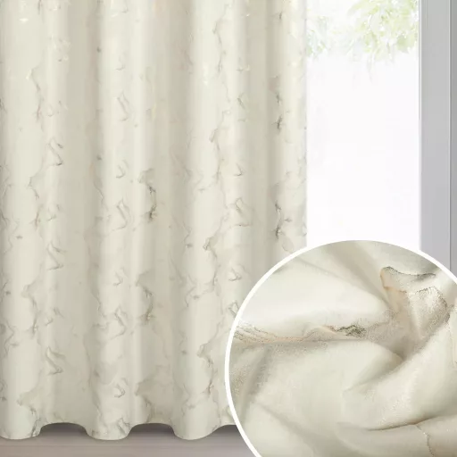 Krém színű bársony dekorfüggöny arany márványmintával – Elegáns készfüggöny ––arany fém ringlivel rúdkarnishoz 140X250cm 