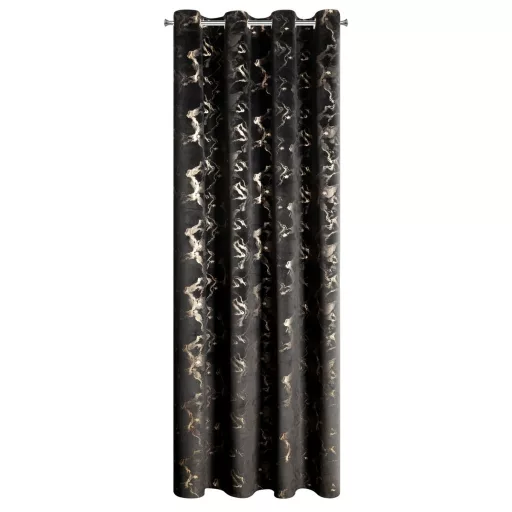 Fekete színű bársony dekorfüggöny aranyló márványmintával – Elegáns készfüggöny ––fém ringlivel rúdkarnishoz 140X250cm 