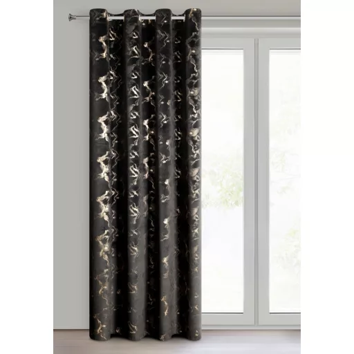 Fekete színű bársony dekorfüggöny aranyló márványmintával – Elegáns készfüggöny ––fém ringlivel rúdkarnishoz 140X250cm 