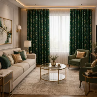   Sötétzöld bársony dekorfüggöny arany márványmintával – Elegáns készfüggöny ––arany fém ringlivel rúdkarnishoz 140X250cm 