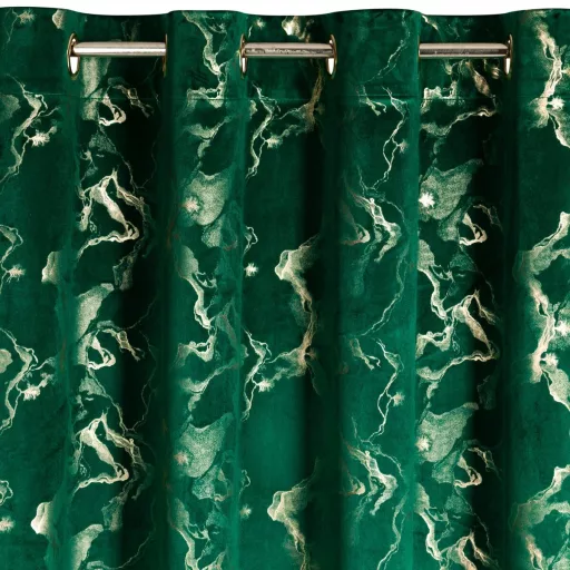 Sötétzöld bársony dekorfüggöny arany márványmintával – Elegáns készfüggöny ––arany fém ringlivel rúdkarnishoz 140X250cm 