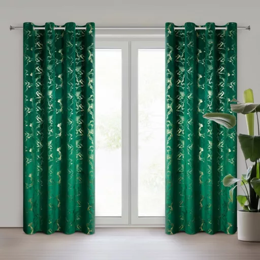 Sötétzöld bársony dekorfüggöny arany márványmintával – Elegáns készfüggöny ––arany fém ringlivel rúdkarnishoz 140X250cm 