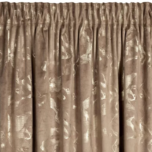 Bronzos barna színű bársony dekorfüggöny arany márványmintával – Elegáns készfüggöny ––egyenletes ceruza ráncolóval, rúdkarnisra és sínes karnisra, csipesszel és kampóval rögzíthető 140X270cm 