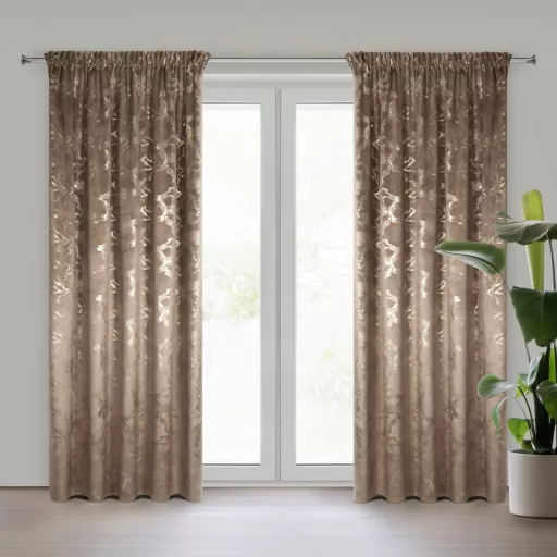 Bronzos barna színű bársony dekorfüggöny arany márványmintával – Elegáns készfüggöny ––egyenletes ceruza ráncolóval, rúdkarnisra és sínes karnisra, csipesszel és kampóval rögzíthető 140X270cm 