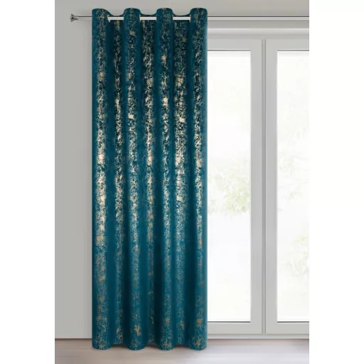Mély petrolkék árnyalatú bársony készfüggöny ,aranyló- festett hatású mintázattal ––fém ringlivel rúdkarnishoz 140X250cm 