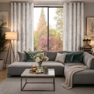   Ezüst virágmintás sötétítő függöny – Elegáns fehér  bársony dekorfüggöny fényes  mintával – ezüst ringlikkel 140X250cm 