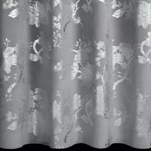Ezüst virágmintás sötétítő függöny – Elegáns szürke  bársony dekorfüggöny fényes  mintával – ezüst ringlikkel 140X250cm 
