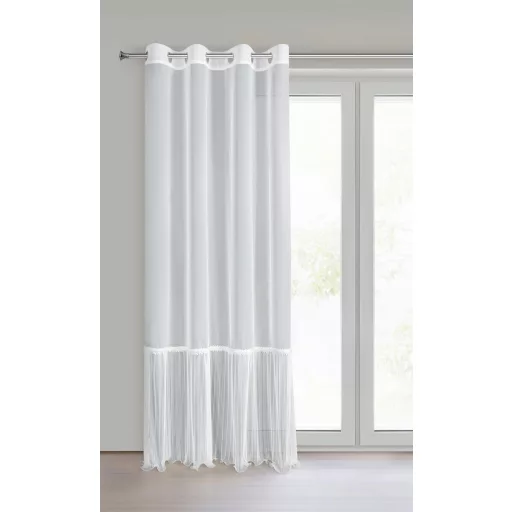 Fehér voile készfüggöny plisszírozott alsó résszel és gyöngy díszítéssel – exkluzív fényáteresztő függöny ringlis kivitelben 140X250cm 