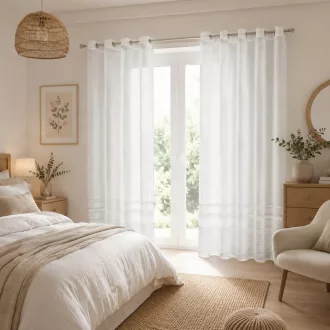   Fehér struktúrált voile készfüggöny dekorcsíkos szegéllyel – modern, fényáteresztő függöny ringlis kivitelben 140X250cm 
