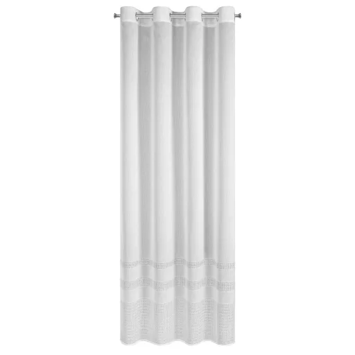 Fehér struktúrált voile készfüggöny dekorcsíkos szegéllyel – modern, fényáteresztő függöny ringlis kivitelben 140X250cm 
