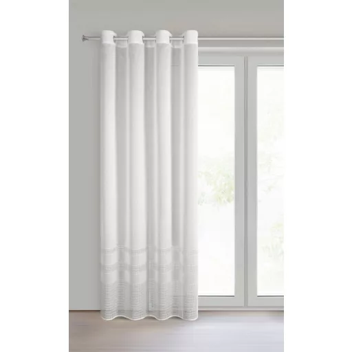 Fehér struktúrált voile készfüggöny dekorcsíkos szegéllyel – modern, fényáteresztő függöny ringlis kivitelben 140X250cm 