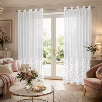   Fehér voile készfüggöny elegáns hímzett levélmintával – fényáteresztő függöny fémkarikákkall, rúdkarnishoz. 140X250cm 