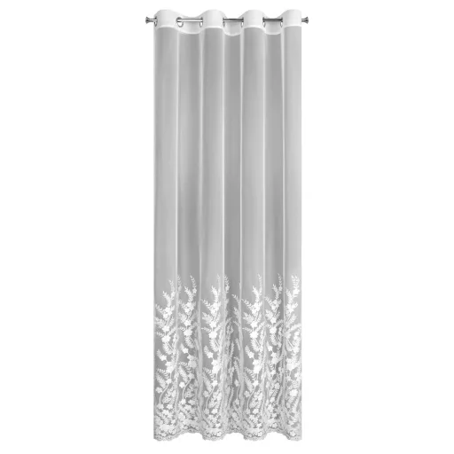 Fehér voile készfüggöny elegáns hímzett levélmintával – fényáteresztő függöny fémkarikákkall, rúdkarnishoz. 140X250cm 