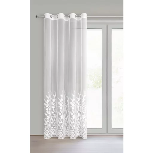 Fehér voile készfüggöny elegáns hímzett levélmintával – fényáteresztő függöny fémkarikákkall, rúdkarnishoz. 140X250cm 