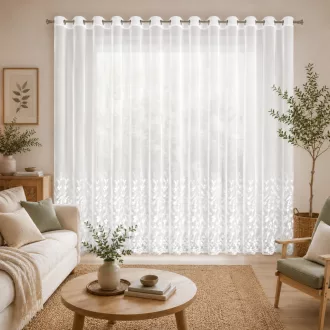   Fehér voile készfüggöny elegáns hímzett levélmintával – fényáteresztő függöny fémkarikákkall, rúdkarnishoz.300X250cm 