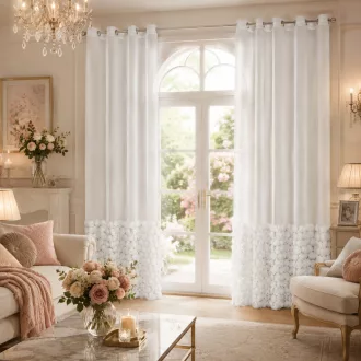   3D virágmintás fehér voile készfüggöny – elegáns, fényáteresztő függöny fémkarikákkal, rúdkarnishoz. 140X250cm 