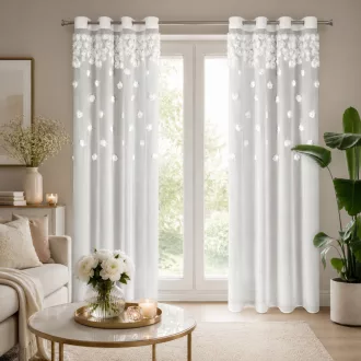   3D virágmintás fehér voile készfüggöny – elegáns, fényáteresztő függöny fémkarikákkal, rúdkarnishoz. 140X250cm 