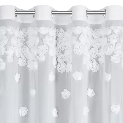 3D virágmintás fehér voile készfüggöny – elegáns, fényáteresztő függöny fémkarikákkal, rúdkarnishoz. 140X250cm 