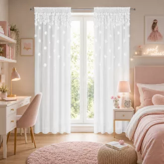   3D virágmintás fehér voile készfüggöny – elegáns, fényáteresztő függöny. Egyenletes ceruza ráncolóval, rúdkarnisra és sínes karnisra, csipesszel és kampóval rögzíthető.140X270cm 