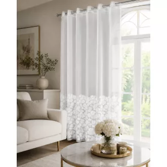   3D virágmintás fehér voile készfüggöny gyöngy díszítéssel – elegáns, fényáteresztő függöny fémkarikákkal, rúdkarnishoz. 140X270cm 
