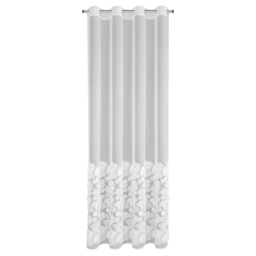 3D virágmintás fehér voile készfüggöny gyöngy díszítéssel – elegáns, fényáteresztő függöny fémkarikákkal, rúdkarnishoz. 140X270cm 