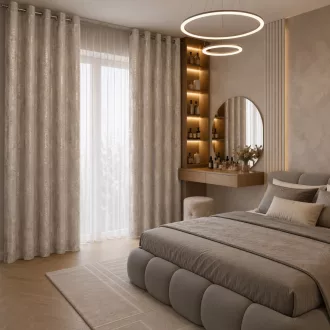   Különleges beige -pezsgőszínű dekorfüggöny fényes  mintával –fém  ringlivel rúdkarnisra 140X250cm 