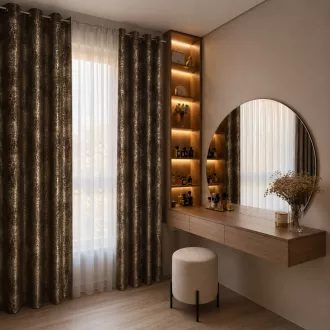   Különleges bronzbarna -pezsgőszínű dekorfüggöny fényes  mintával –fém  ringlivel rúdkarnisra 140X250cm 