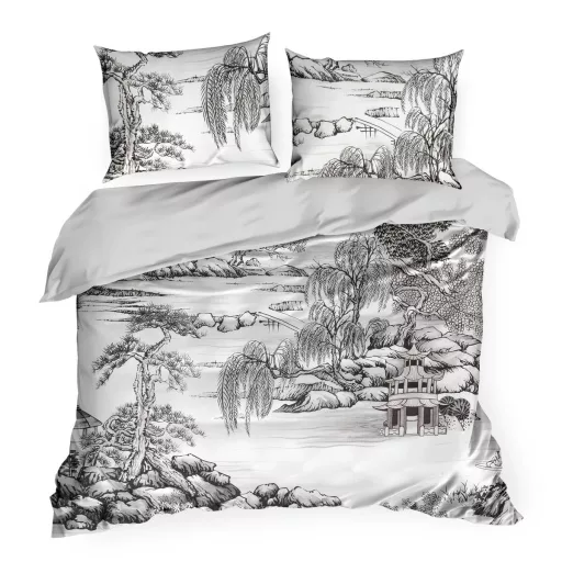 Japandi stílusú ágyneműhuzat garnitúra – fekete-fehér tájképes design, minimalista luxus 160x200, 70x80x2db