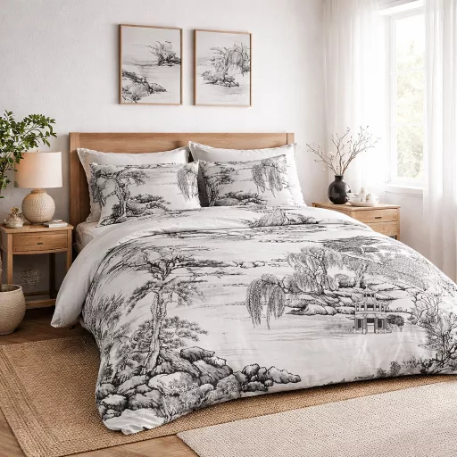 Japandi stílusú ágyneműhuzat garnitúra – fekete-fehér tájképes design, minimalista luxus 160x200, 70x80x2db