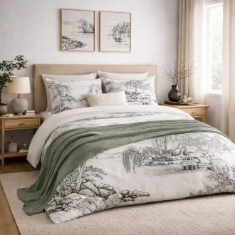   Japandi stílusú ágyneműhuzat garnitúra – fekete-fehér tájképes design, minimalista luxus  200x220, 70x80x2db
