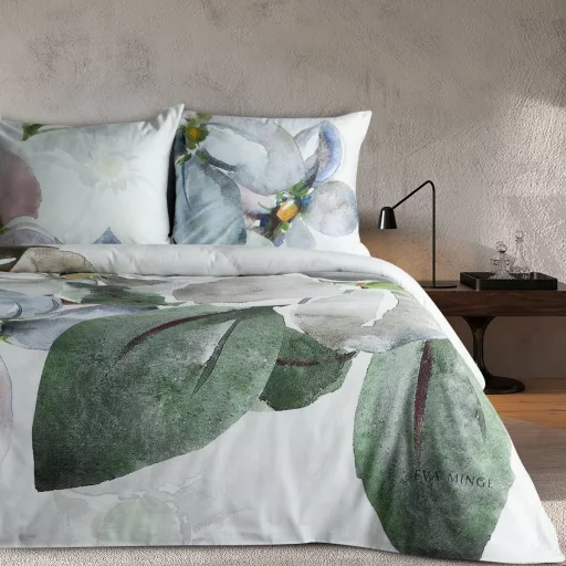 Prémium virágmintás pamut-szatén ágyneműhuzat garnitúra – Akvarell virágmintás, elegáns zöld-fehér design 200x220, 70x80x2db 