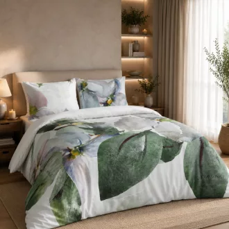   Prémium virágmintás pamut-szatén ágyneműhuzat garnitúra – Akvarell virágmintás, elegáns zöld-fehér design 160x200, 70x80x2db 