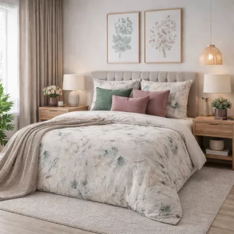 Prémium levélmintás ágyneműhuzat – bézs-zöld soft luxury design 140x200, 70x80x1db