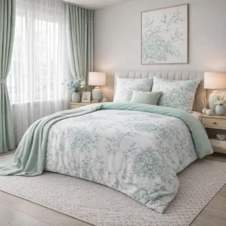  Mentazöld virágmintás ágyneműhuzat szett – elegáns hortenzia design 160x200, 70x80x2db
