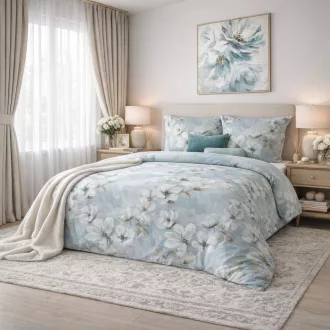   Elegáns virágmintás pamut ágyneműhuzat – pasztell kék-fehér, modern prémium design  160x200, 70x80x2db