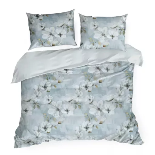 Elegáns virágmintás pamut ágyneműhuzat – pasztell kék-fehér, modern prémium design  160x200, 70x80x2db