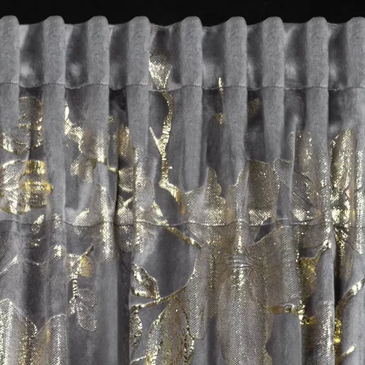 Arany virágmintás sötétítő függöny – Elegáns szürke  bársony dekorfüggöny arany fényes  mintával –egyenletes ceruza ráncolóval, rúdkarnisra és sínes karnisra, csipesszel és kampóval rögzíthető 140X270cm 