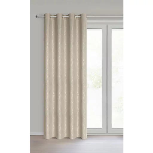 Különleges beige-arany sötétítő függöny modern rombuszmintával – Elegáns mikroszálas  dekorfüggöny fényes  mintával – arany színű ringlikkel 140X250cm 