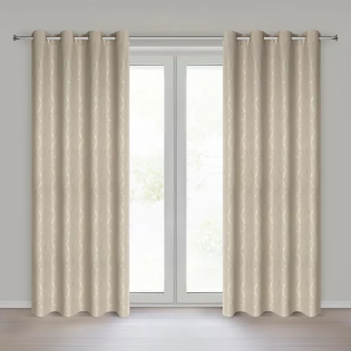 Különleges beige-arany sötétítő függöny modern rombuszmintával – Elegáns mikroszálas  dekorfüggöny fényes  mintával – arany színű ringlikkel 140X250cm 