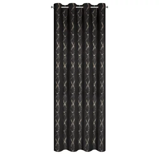 Különleges fekete-arany sötétítő függöny modern rombuszmintával – Elegáns mikroszálas  dekorfüggöny fényes  mintával – arany színű ringlikkel 140X250cm 